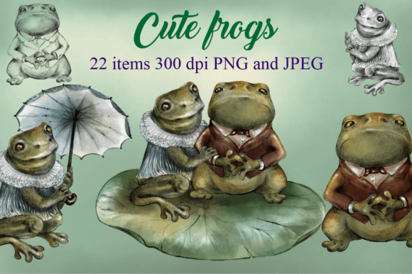 Cute Frog Sublimation Clipart Watercolor: Graphics & Illustrations