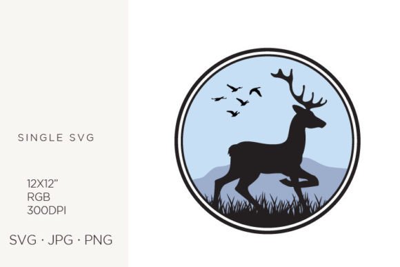 Deer with Mountain and Wild Birds Graphics & Illustrations