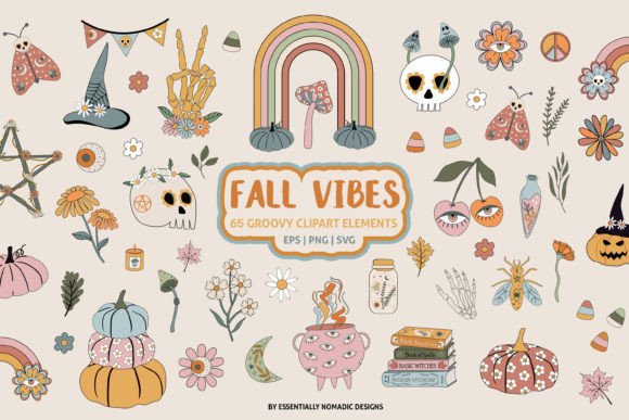 Groovy Halloween Clipart Set SVG PNG: Graphics & Illustrations