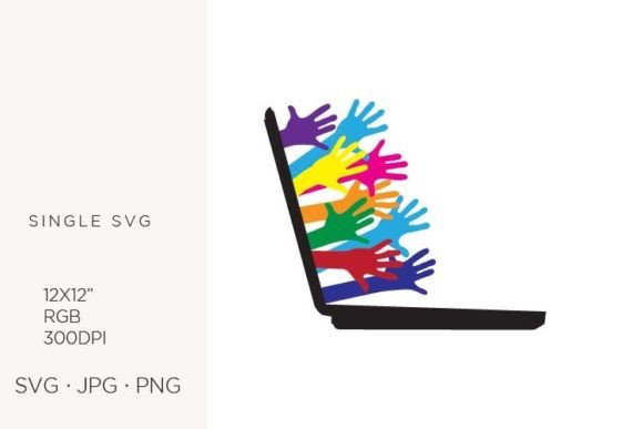 Laptop and Colorful Hands, Vector: Graphics & Illustrations