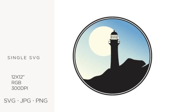 Lighthouse, Night Sky and Moon Graphics & Illustrations