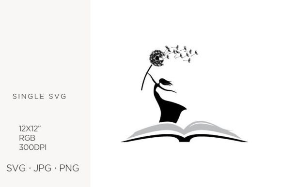Open Book and Lady with Dandelion Flower: Graphics & Illustrations