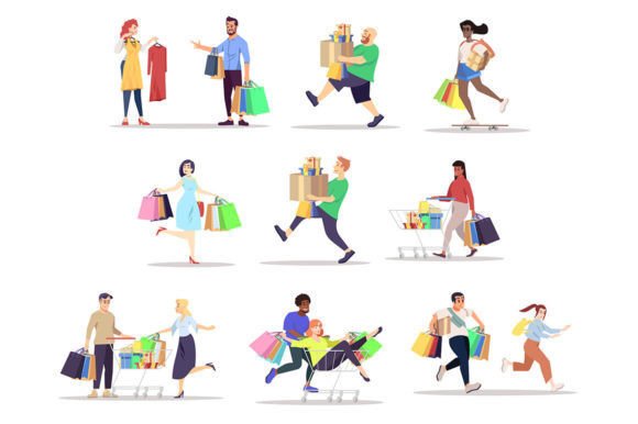 Shopping Flat Color Vector Characters: Graphics & Illustrations