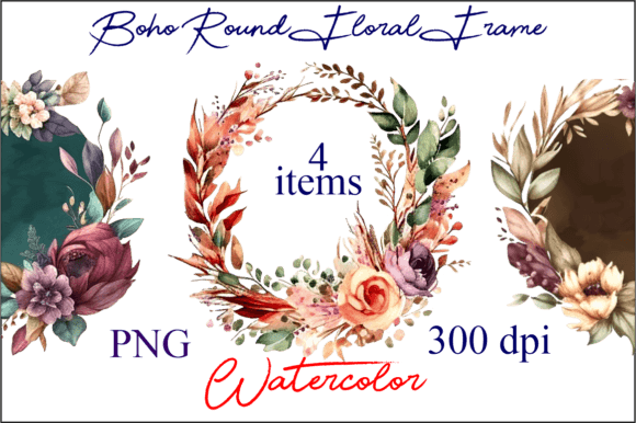 Watercolor Boho Round Floral Frame PNG Graphics
